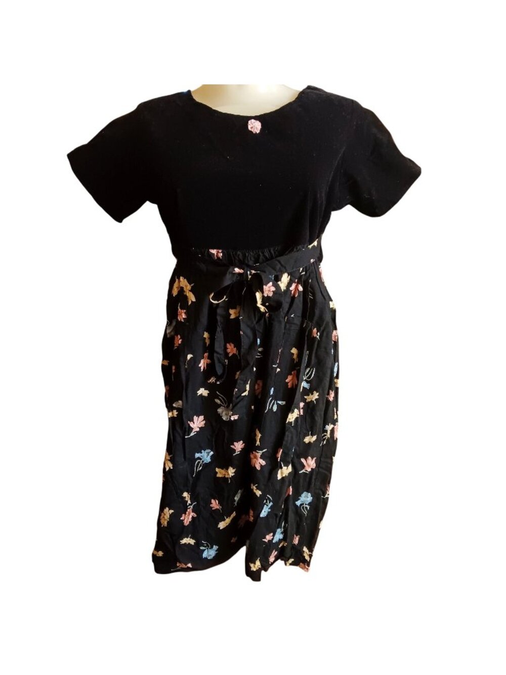 True Vintage Small Black Velvet Dress Floral Print Dress With Pink Ribbon Detail